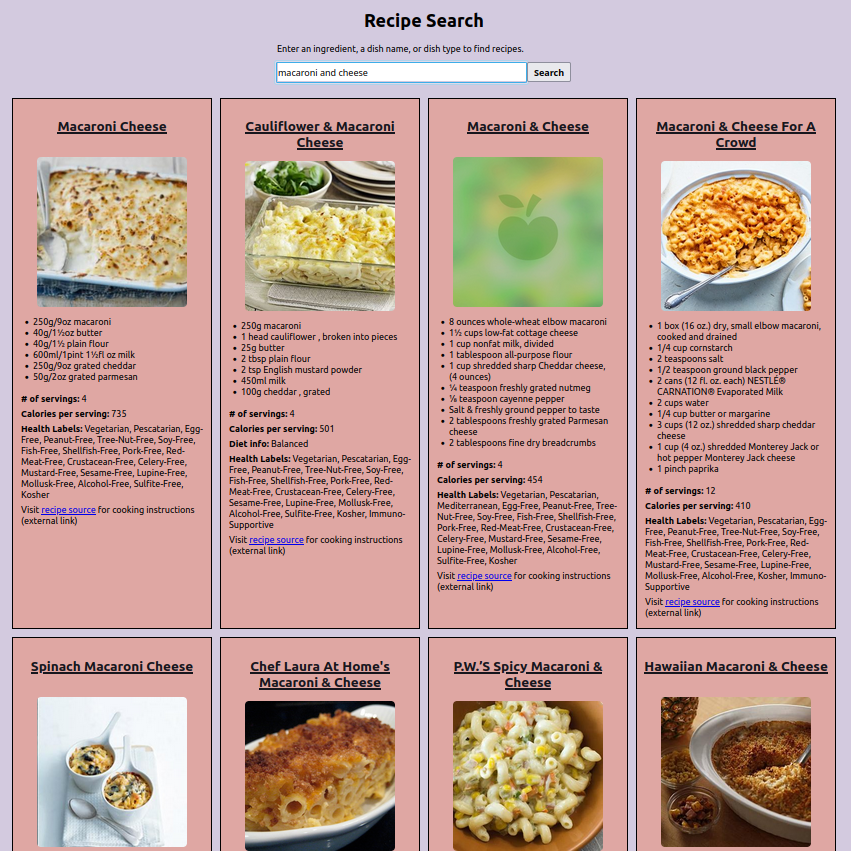 Screenshot of the recipe website's search page