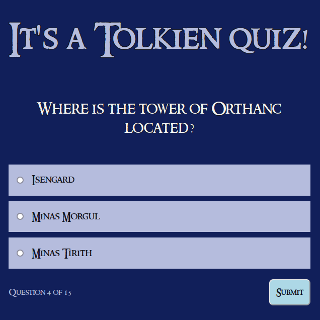 Screenshot of the Tolkien quiz